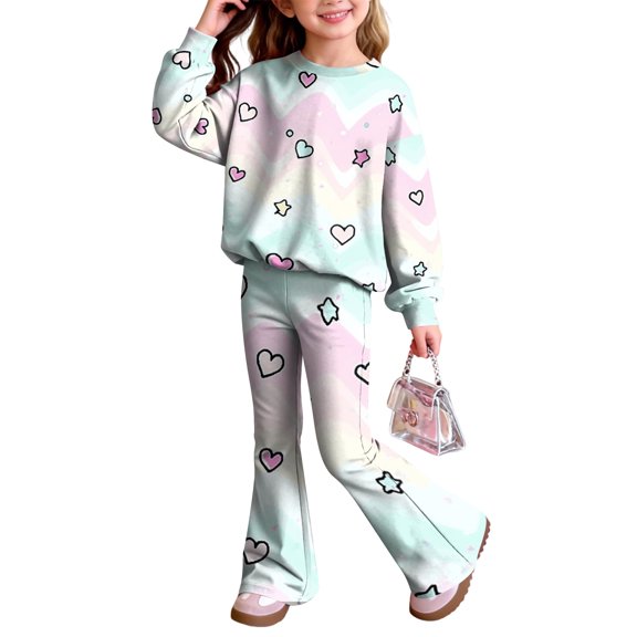Grblisyd Outfits for Girls Casual Long Sleeve Cute Cartoon Print Sweatershirt and Flared Pants 2 Pieces Fall Winter Set Size 7-8 Years