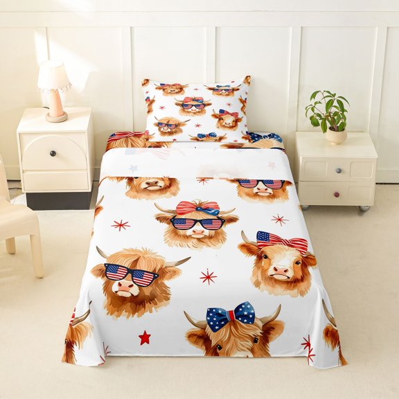 Manfei Cute Highland Cow Twin Sheets,American Flag Bowtie Bedding,Brown,3pcs,1 Fitted Sheet and 1 Pillowcase