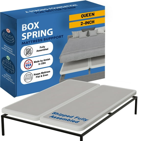 Continental Sleep, Box Spring Bed Base Queen Size, 2-Inch Wood Mattress Foundation, Quiet Noise Free, 2-Pieces Under Mattress Support BoxSpring, Fully Assembled, White