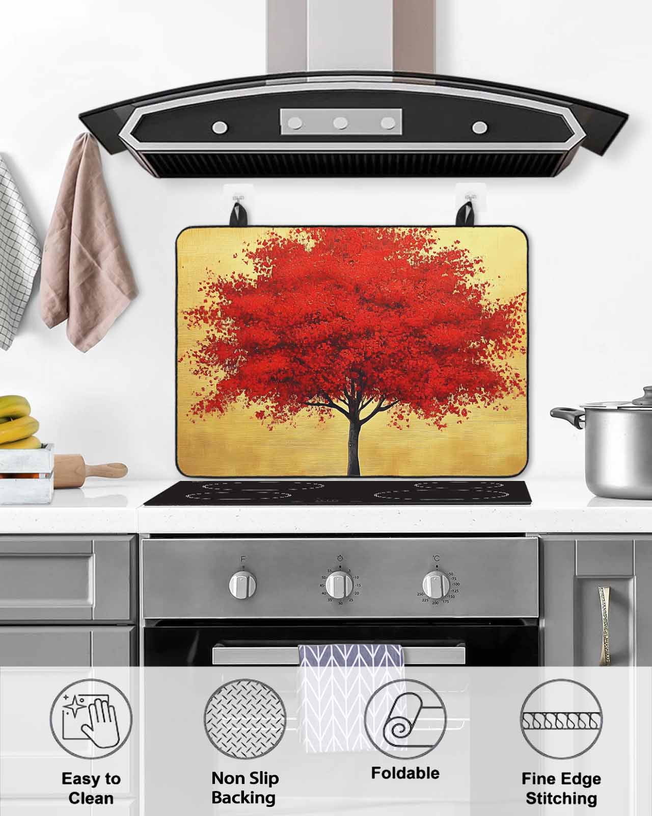 nqOlkjepod Large Induction Cooktop Protector Mat 24"x21", Red Tree Stove Top Covers for Electric Stove, Autumn Leaves Retro Watercolor Botanical Stove Burner Cover Mats, Glass Top Stove Cover