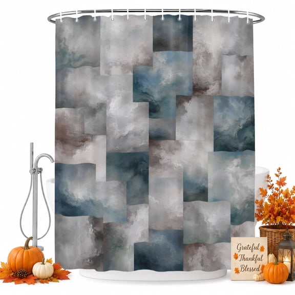 Blue Grey Geometric Shower Curtain, Waterproof Shower Curtains for Bathroom, Vintage Abstract Plaid Aesthetic Washable Fabric Bathtub Curtain Set Bath Decor with 12 Hooks Extra Long 72"x96"