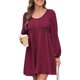 thumbnail image 2 of Vestido Corto Informal de Mujer con Cuello Redondo Fruncido, Botones, Larga y Cintura Entallada Rojo L, 2 of 9