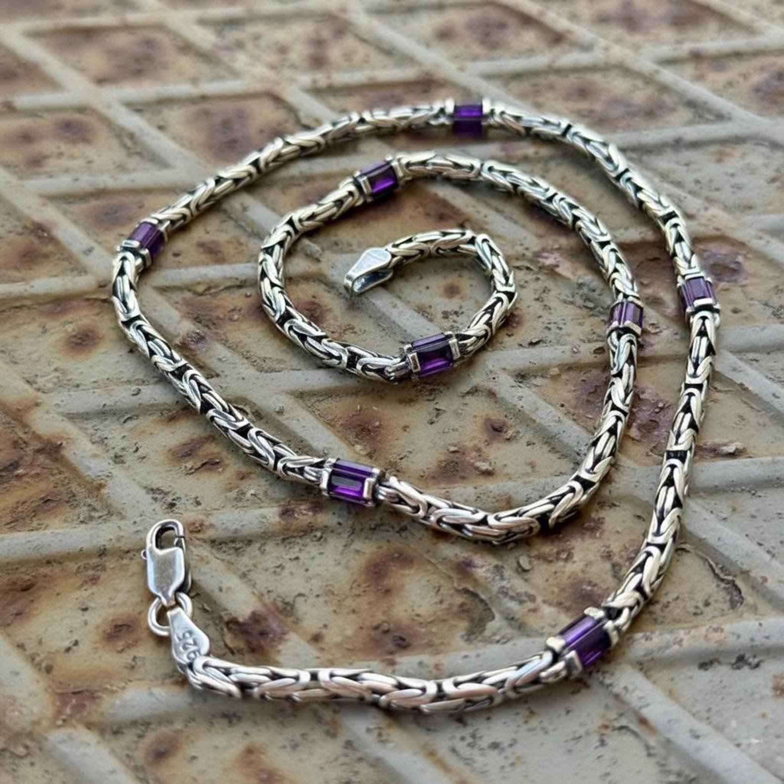 Silver Amethyst Gemstone Byzantine Chain, 5MM Purple Gemstone Round King Chain Necklace, Solid Silver Gemstone Bali Chain,