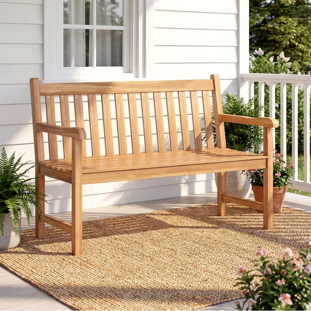 Gymax Teak Porch Bench 2-Person Solid Wood Garden Patio Bench w/ Backrest & Armrests