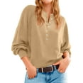 thumbnail image 2 of Women's Button Neck Sweater Long Sleeve Henley Fashion Loose Knit Pullover for Fall and Winter, Casual and Comfortable Top, Ideal for Daily Wear,Khaki,Size S, 2 of 9