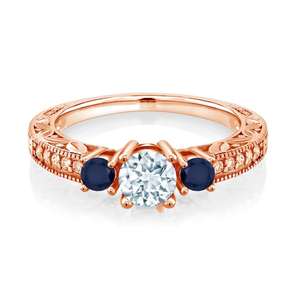 Gem Stone King 0.93 Ct Round Sky Blue Aquamarine Blue Sapphire 18K Rose Gold Plated Silver Ring (Size 7)