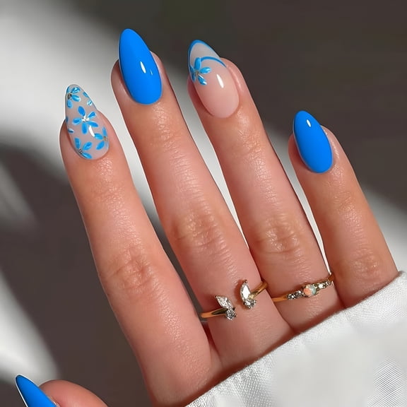 RagupeL Short Almond Press on Nails, Summer Blue French Tip Fake Nails with Cute Flower Design, Glossy Acrylic Stick on False Nails, 30pcs