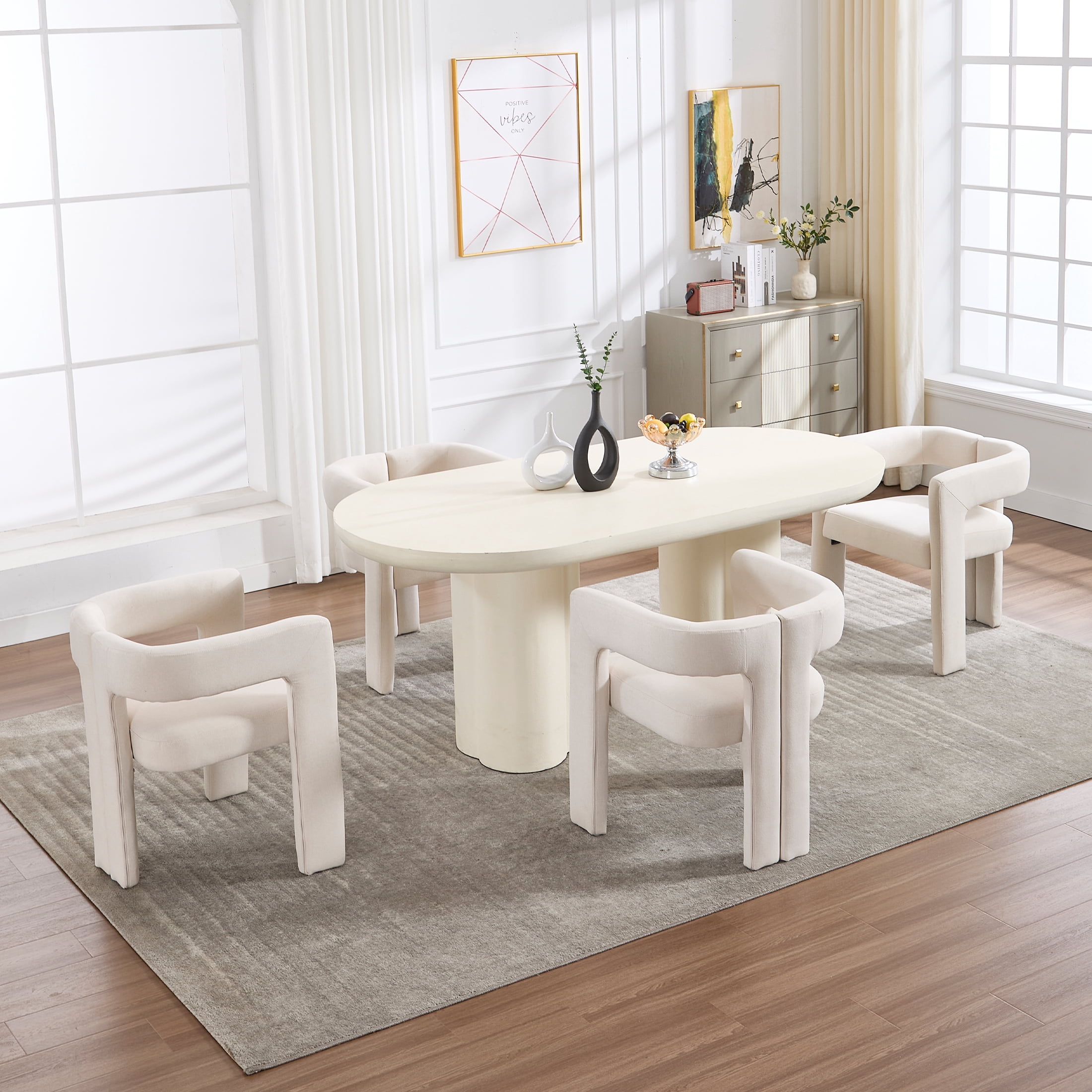 Guyou Modern Boucle Dining Chair Set of 2, Linen Upholstered Barrel Chair, Comfy Armchair with Open Backrest, Vanity Side Chair Accent Chair for Living Room Bedroom Dining Room, Beige