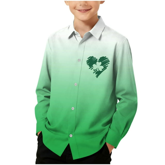 RXMEKW Chemise à Manches Longues Imprimée pour la Saint-Patrick pour Garçons avec Col Rabattu, 95 % Coton 5 % Spandex, Vert