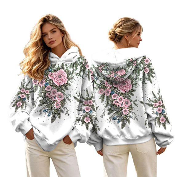 Womens Plus Size Graphic Hoodies Trendy Floral Printed Hooded Sweatshirts Ladies Loose Fit Pullovers Fall Long Sleeve Tops ZZ_White XL