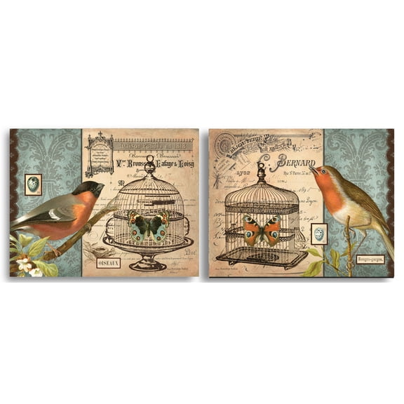French Birdcage I Vintage Birdcage, Butterfly and Birds: Two 14X11 Poster Prints
