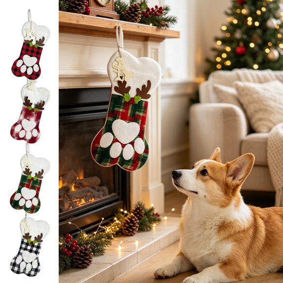Plaid Puppy Christmas Stocking, Decorative Fabric Accent, Reusable Room Styling, for Dining Room, Living Room, Fireplace and Christmas Party Decor