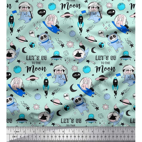 Soimoi Rayon Fabric Planet,Rocket & Astronaut Animals Cartoon Print Fabric by Yard 56 Inch Wide