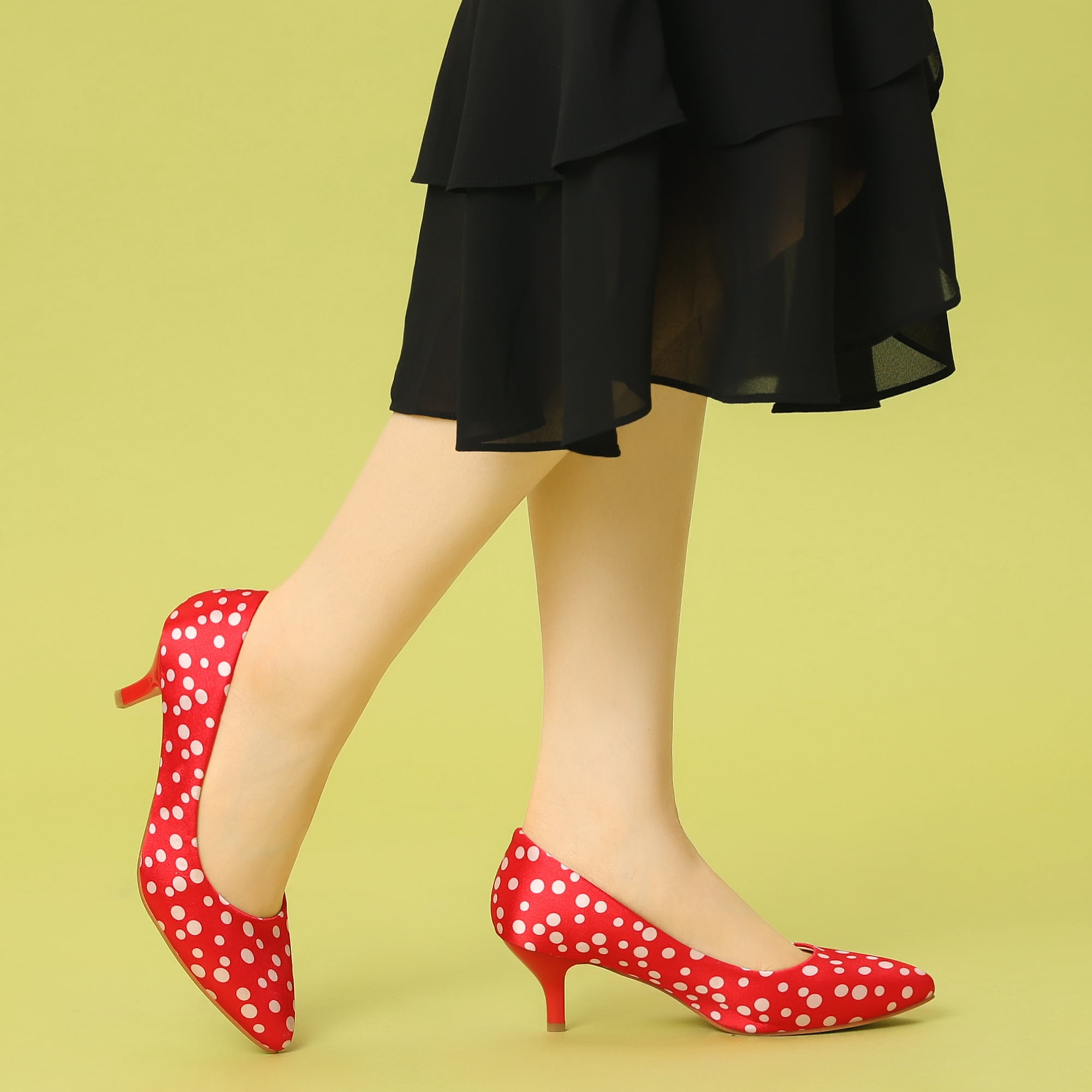 Unique Bargains Women's Pointed Toe Polka Dots Kitten Heels Pumps