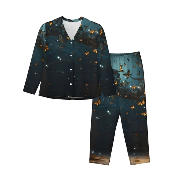 Xecao Magical Library Butterfly Night Print Women Pajamas Set Soft Sleepwear Pjs long Sleeve Button Down Nightwear with Long Pants