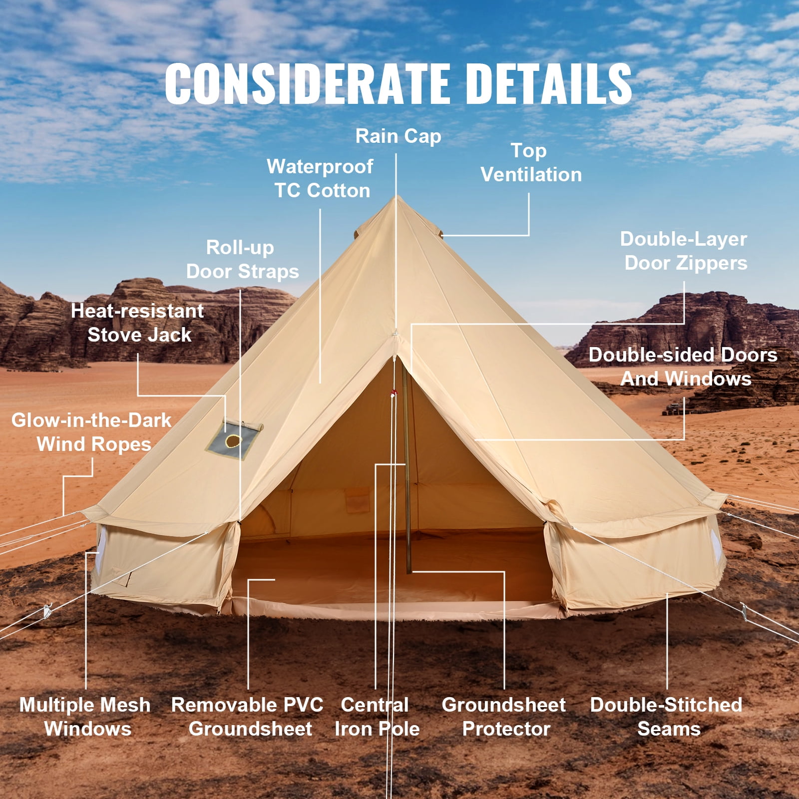 KFFKFF All-Weather Canvas Dome Tent, 5m/16.4ft Yurt Style Shelter, Camping Tent with Chimney Hole, Accommodates Maximum 8 Individuals, Ideal for Family Outdoors, Hunting, and Gatherings