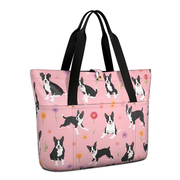 Tote Bag for Women - Boston Terrier Dogs and Flowers Shoulder Bag - Large Utility Work Duffle Bag with Zipper Handbag for Travel, Work, Sprots
