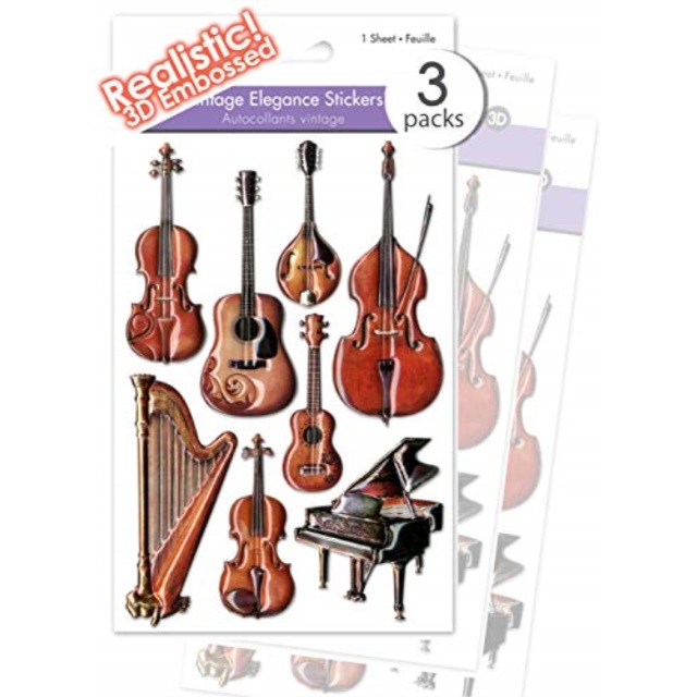 3 Pk Realistic Musical Instruments Stickers Vintage Antique Puffy