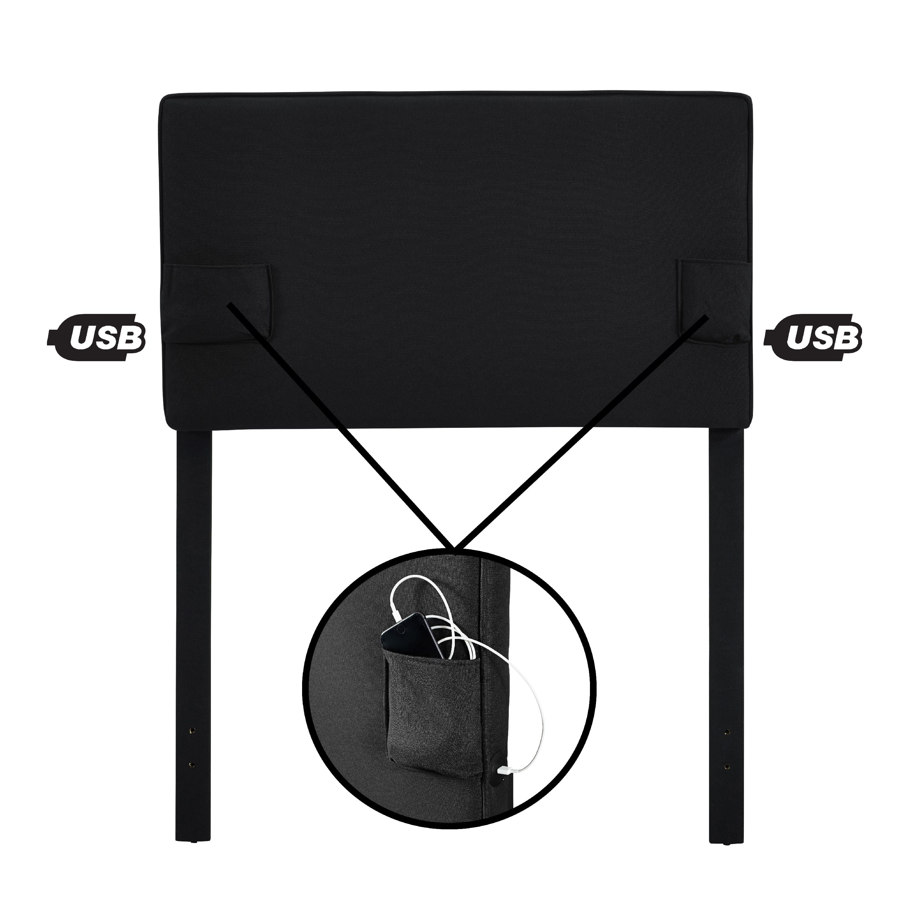 USB Panel Headboard with Storage Pockets, Twin, Black