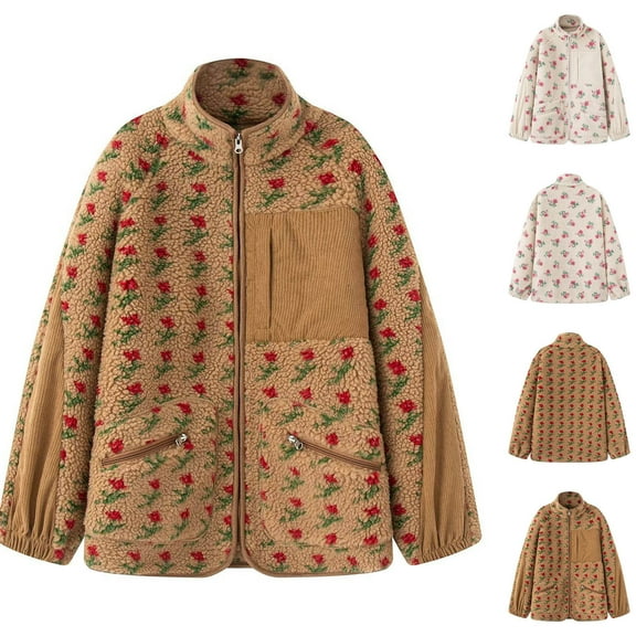 Ashirexll Womens Winter Coats, Womens Fleece Coats, Warm Winter Outfit with Lamb Wool Floral Print Zipper Pocket Hoodie Jacket