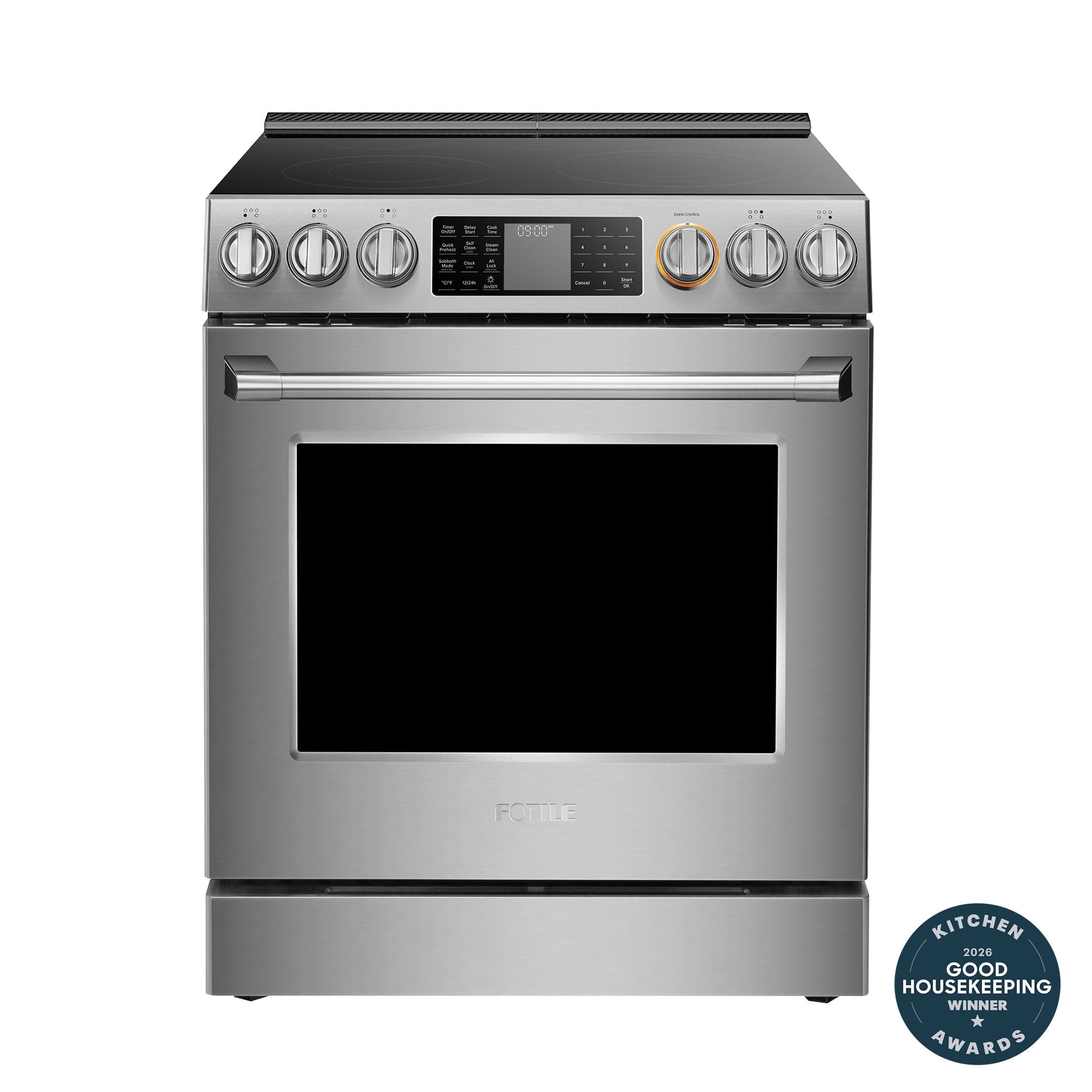 FOTILE FreshBake Technology 30-in Glass Top 5 burners 5.7-cu ft Air Fry Convection Oven Slide-In Electric Range ( Stainless Steel )