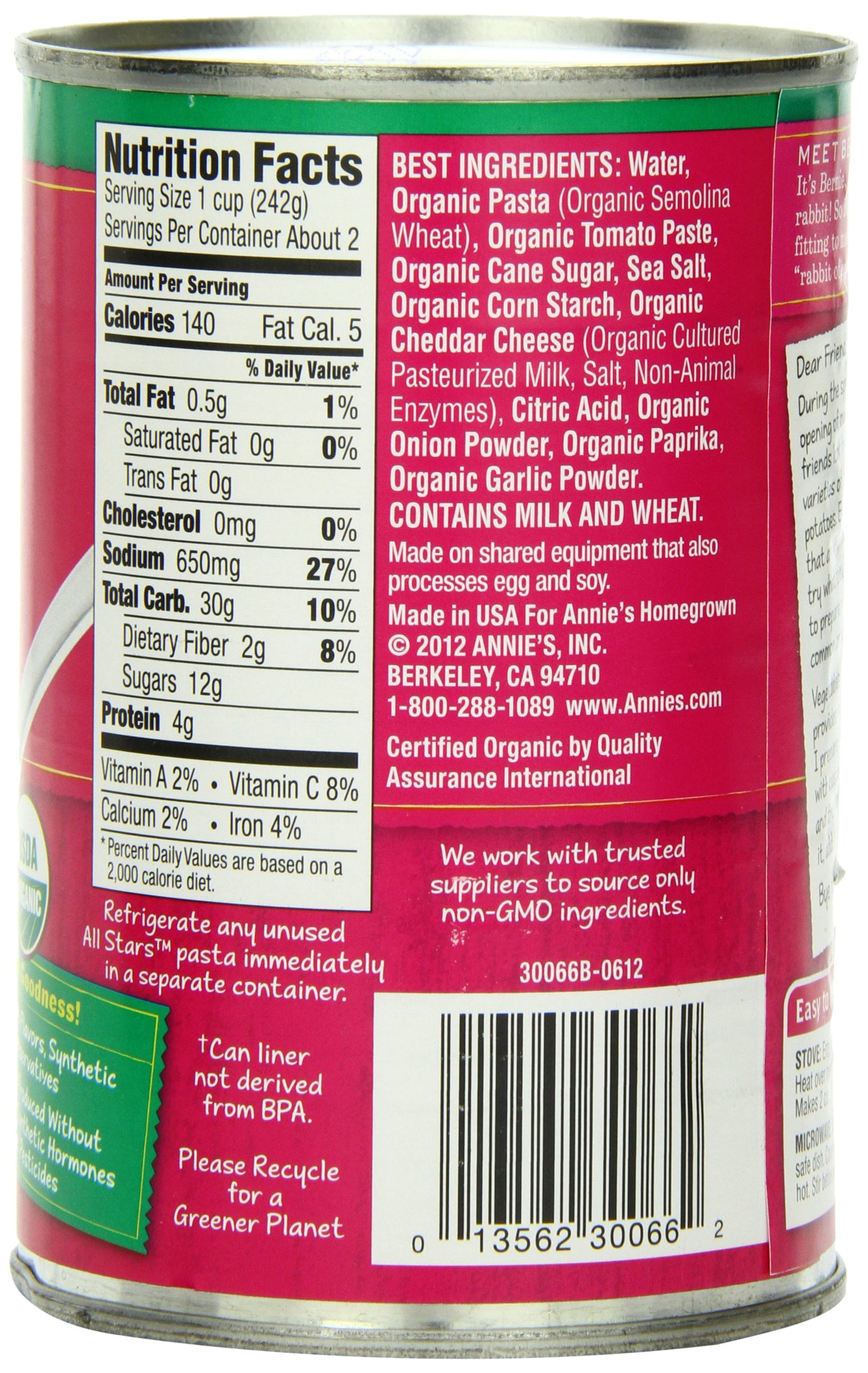 Annie's Organic All Stars Canned Pasta in Tomato & Cheese Sauce 15 oz -Pack of 12