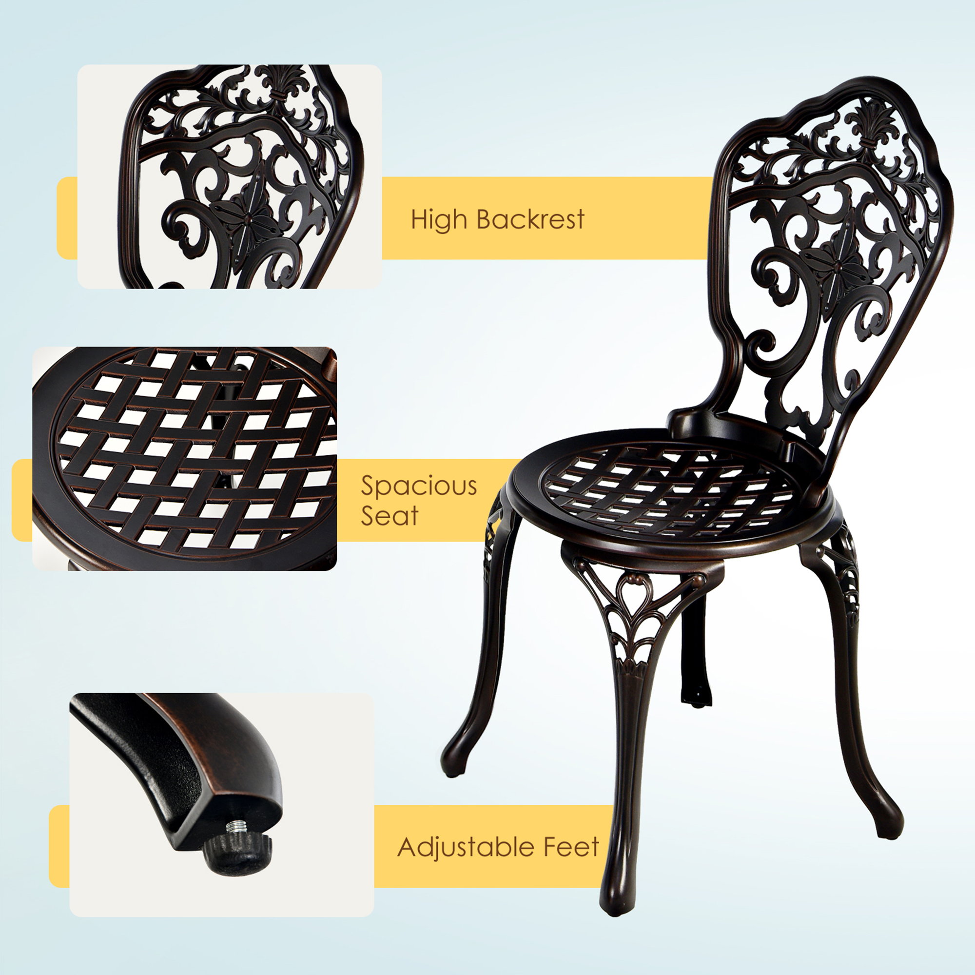 Gymax Fashion 3PCS Cast Aluminum Patio Bistro Set Outdoor Table & Chairs Furniture Set
