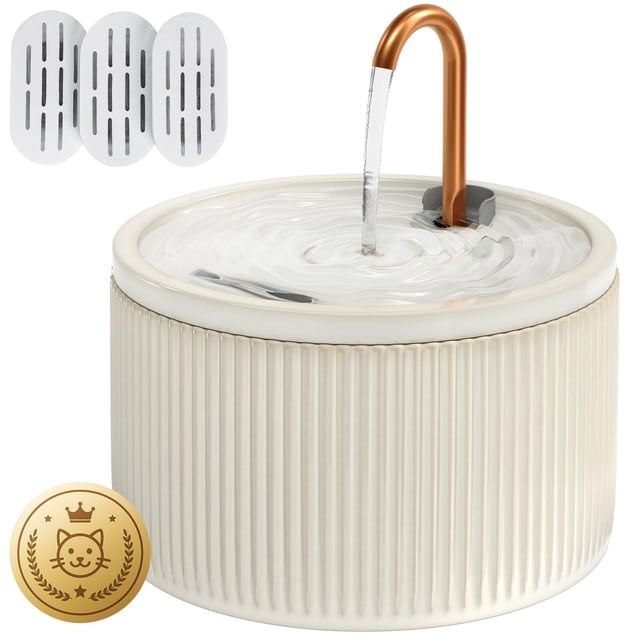 Fuente de agua de cerámica para gatos DOOOB de 2,1 L con bomba y 3 filtros, color beige