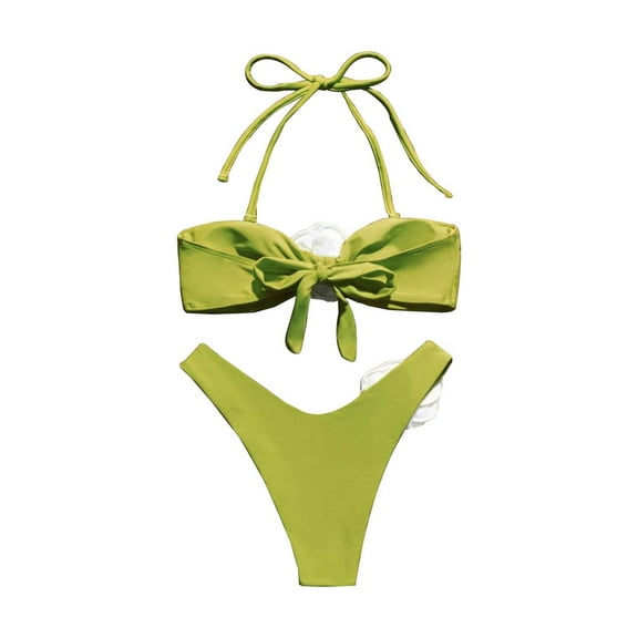 Youmylove Women Swimwear Floral Decoration Neck Convertible Two Way Bikini Set Beach Swimwear Holiday Beachwear