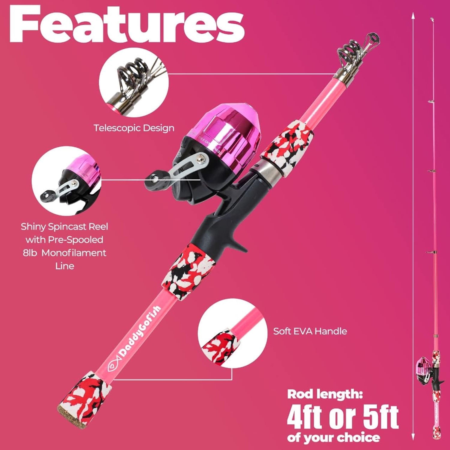 DaddyGoFish Kids Fishing Pole - Rod Reel Combo Tackle Box Starter Set - First Year Small Gear Kit for Boys Girls Toddler Youth Age Beginner Little Children (Essential Set, Pink + Pink, 4ft)