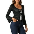 thumbnail image 4 of INSPIRE CHIC Lace Shrug Top for Women's Tie Front Bell Long Sleeve Bolero Cardigan XS Black, 4 of 6