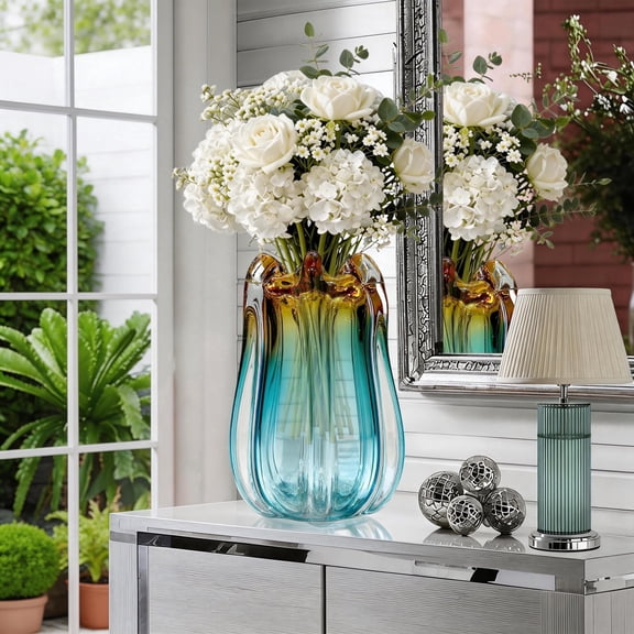 Xanthippe Hand-Blown Teal & Amber Glass Vase, 9.65" Tall x 6.30" Wide Mouth Decorative Vase, Modern Art Deco Flower Vase for Home Decor