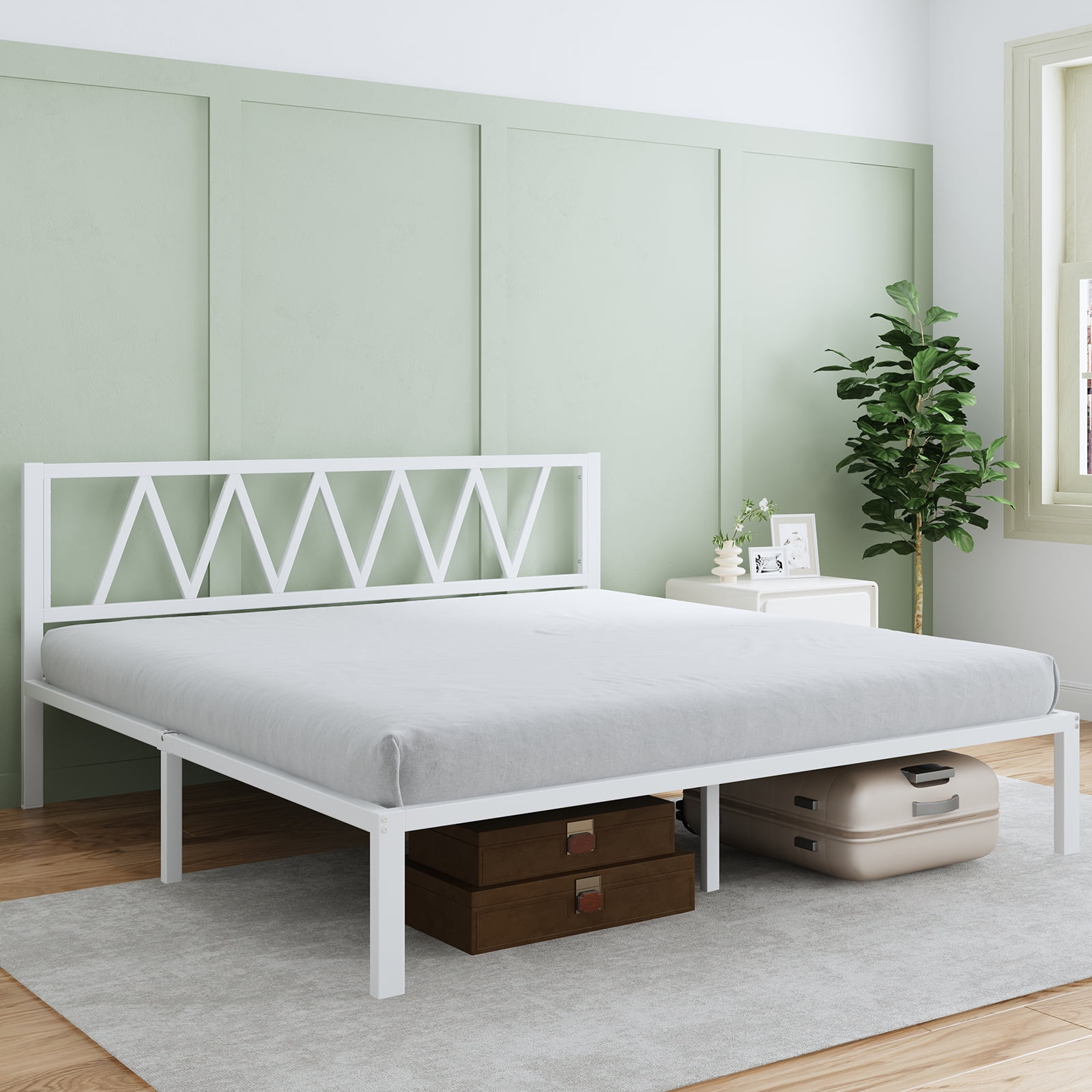 Novilla 14 Inch King Size Bed Frame With Headboard, White Metal Platform Bed Frame, King Bed Frame No Box Spring Needed, Easy Assembly, Strong Wood Slats Support