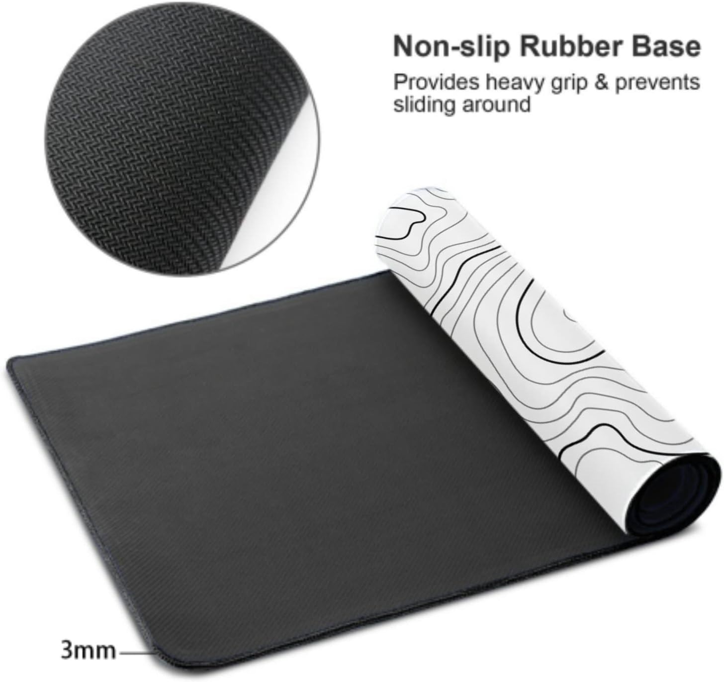 White Topographic Contour Gaming Mouse Pad 35.4 X 15.7 Inch XXL Geographic Map Lines Full Des Mousepad Extended Large Non-Slip Rubber Base Keyboard Mat with Stitched Edges for Home Office