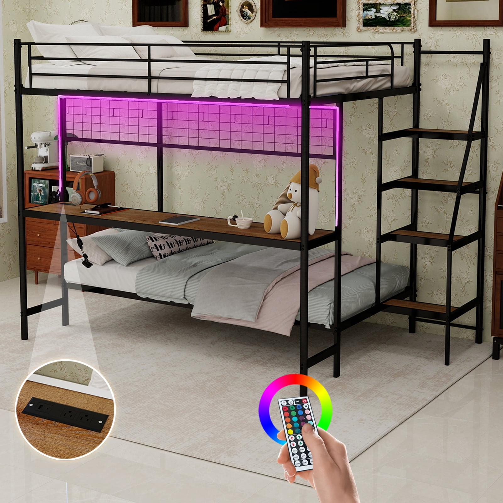 Mintazer Twin Over Twin Metal Bunk Bed with Desk, LED Light & Power Outlet, Bunk Bed Frame with Guardrails and Ladder for Kids Teens Bedroom Dorm Apartment, Black