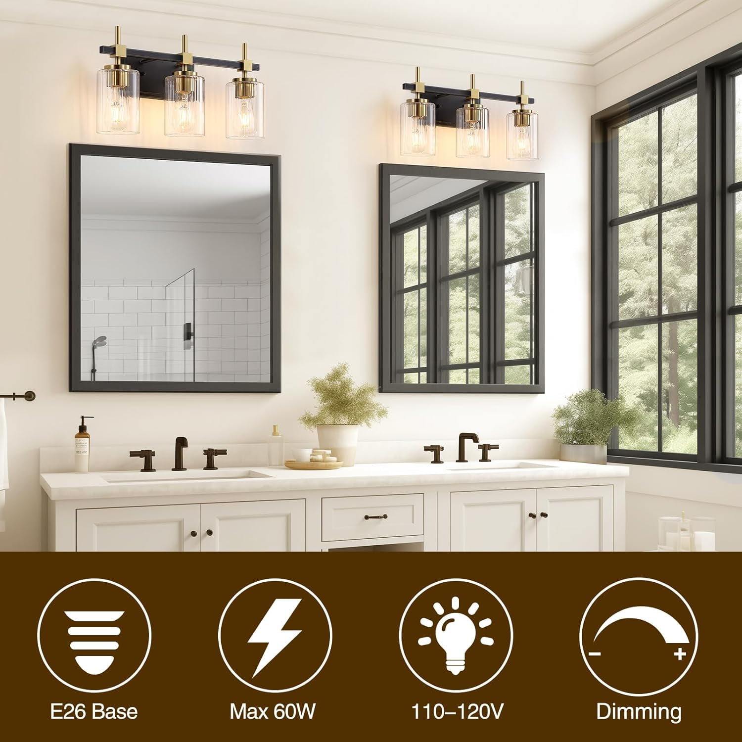 Textured Glass Bathroom Vanity Light 3-Light Brass Wall Light Fixtures over Mirror Black and Gold Vanity Lighting for Bathroom Wall Sconce
