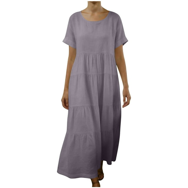 FRSASU Robe en Coton et Lin Femme à Manches Courtes Col Rond Robe Maxi Bohème Décontractée Été Modeste Longue Fluide Plage Vacances Robes Violet P(S)
