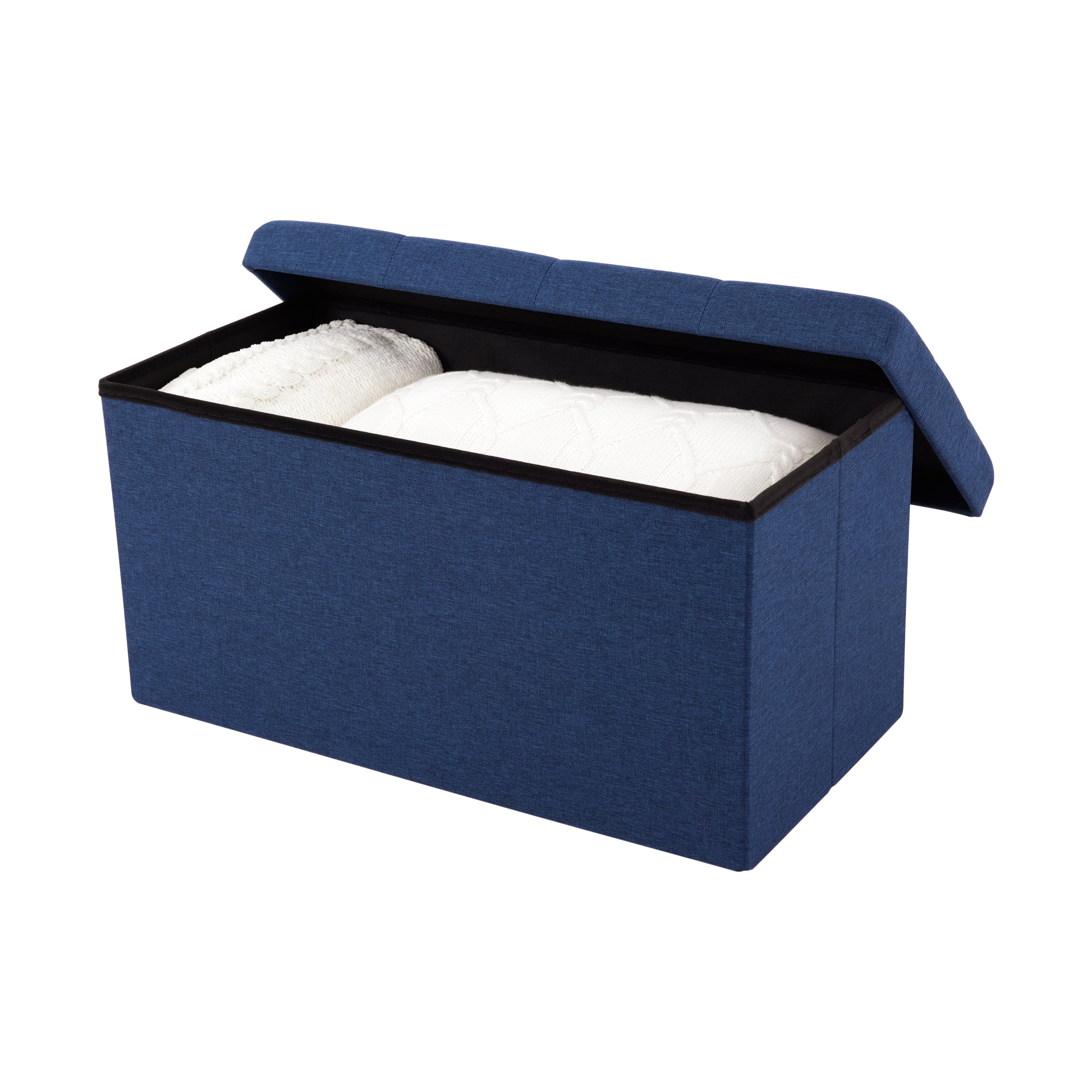 Seville Classics Cushioned Fabric Ottoman Hidden Storage Chest Footrest Chair, Padded Seat for Bedroom, Dorm, Loft, Living Room, Entryway, Hallway, Midnight Blue, 30" Bench