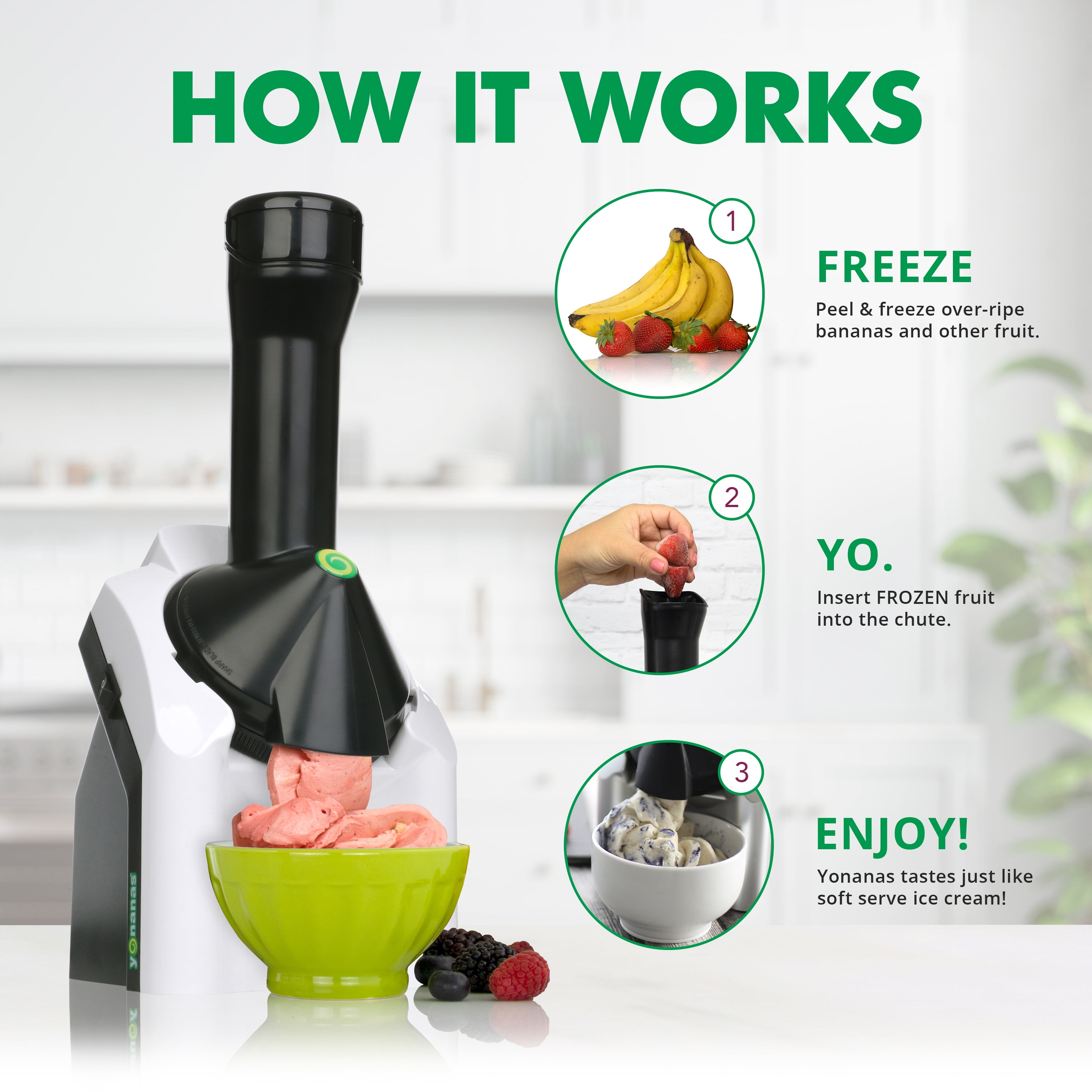 Free Shipping Yonanas Classic Vegan Non Dairy Frozen Fruit Soft Serve Dessert Maker with 36 Recipe Book in White 4.62 lb Walmart