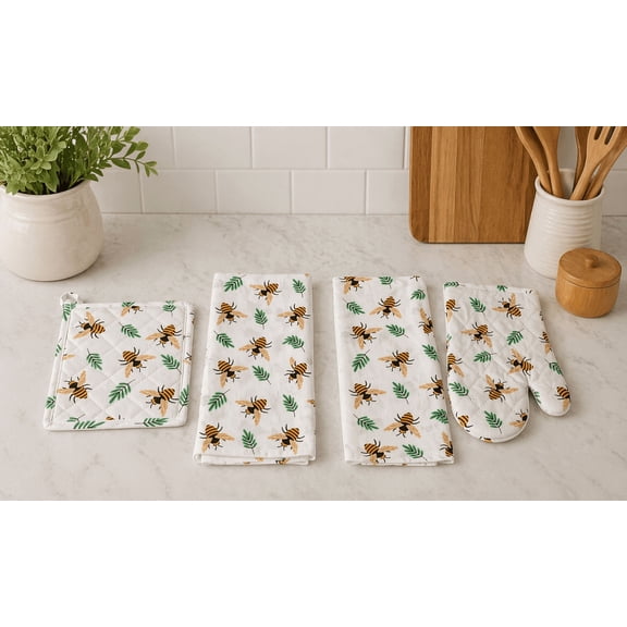 Serafina Home Bee Kitchen Towels and Pot Holder Set: Honey Bees and Green Leaf Print on Flat Weave Cotton with Easy Hang Fabric Loops (Bee Free)