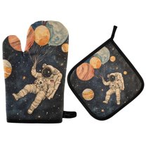Yayeee Oven Mitts and Pot Holder Set of 2 Heat Resistant Kitchen Gloves Baking Hot Pad, Retro Watercolor Planet