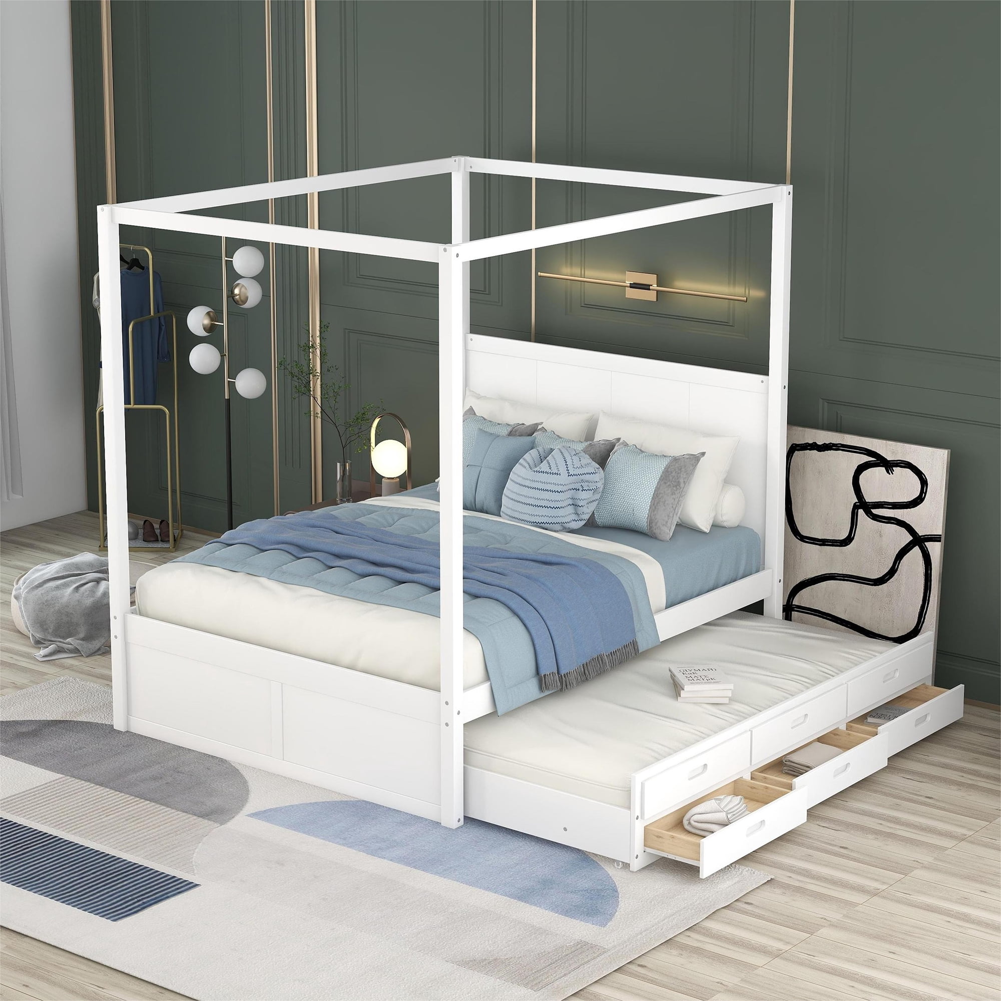 EUROCO Queen Size Platform Bed with Storage Headboard and USB Charging Station, Solid Wood Frame for Kids Adults, White