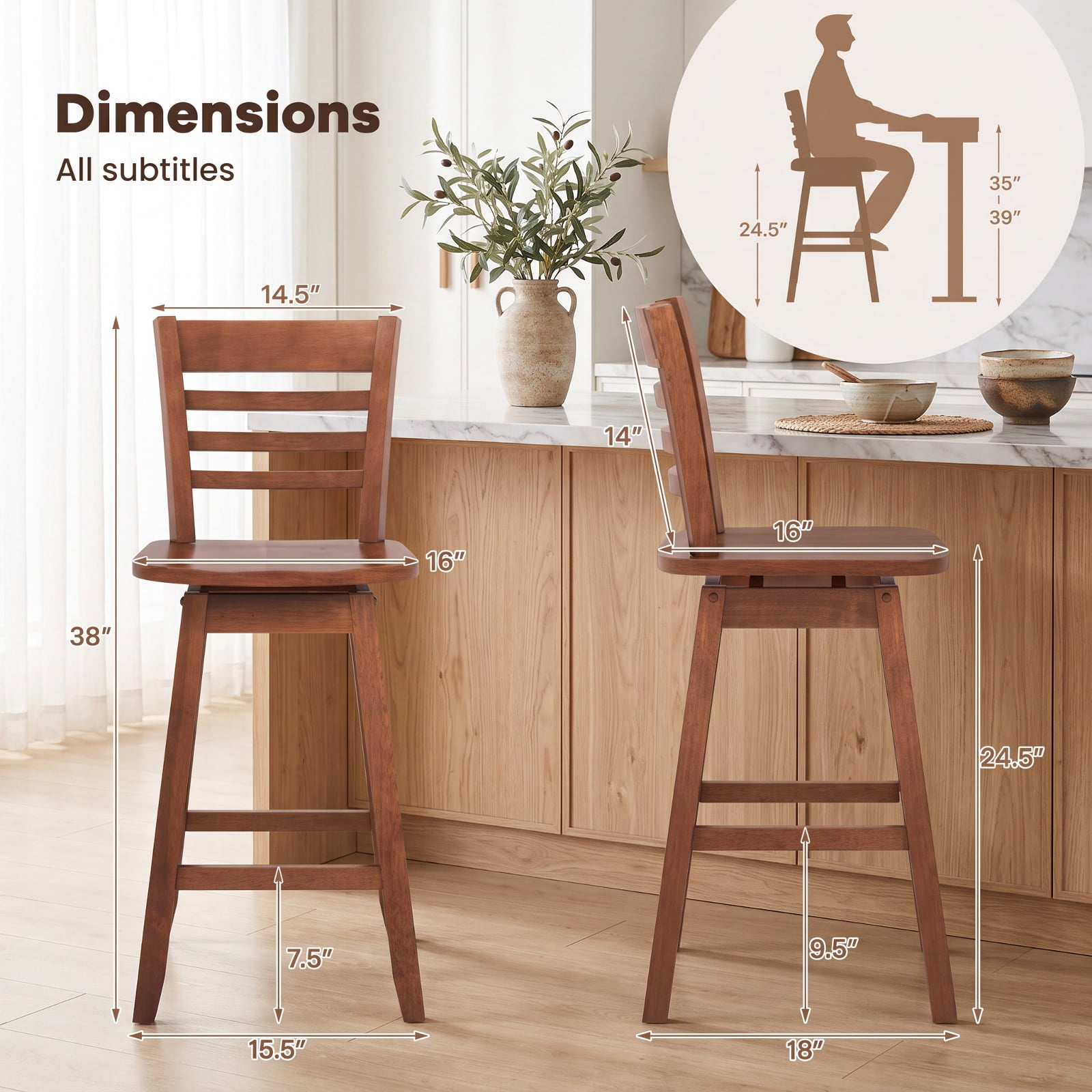 Furnibear Counter Height Barstools Set of 2 with Footrest for Kitchen Island Bar for Kitchen Island Counter Bar Pub Dining Home, Walnut