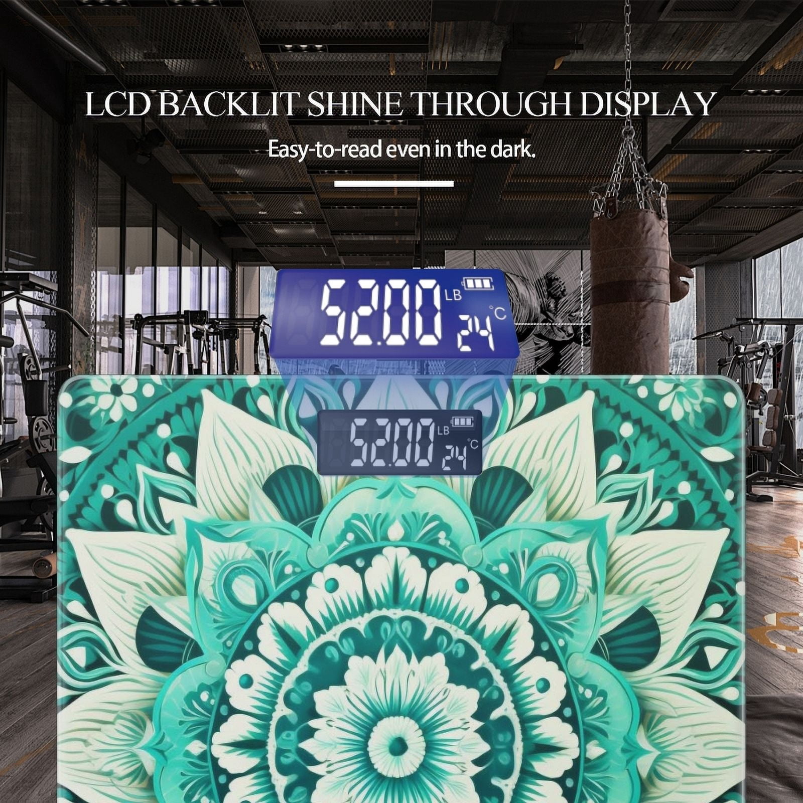 High Precision Body Weight Scale Smart Bathroom Scales with Large LCD Display(400lbs),Decorative for Bedroom-Teal And White Mandala With Intricate Patterns