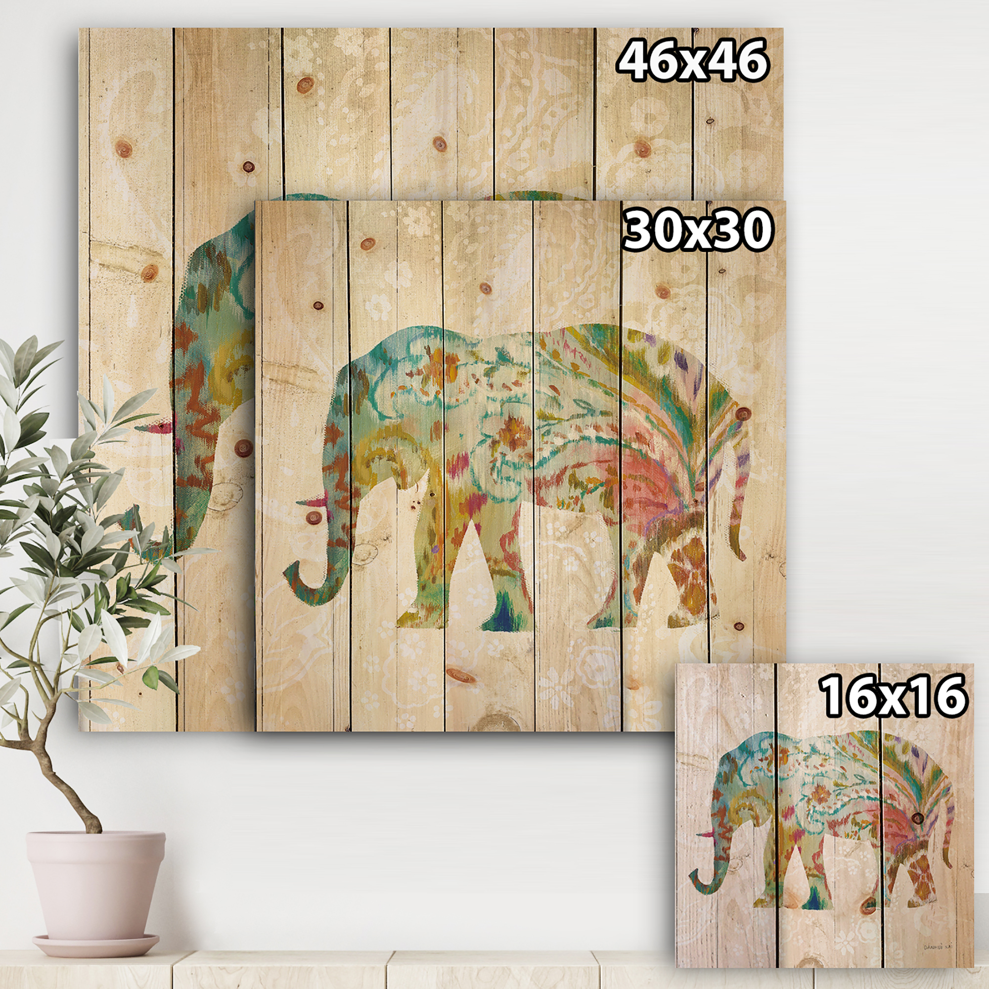 Designart 'Boho Paisley Elephant II' Bohemian & Eclectic Print on Natural Pine Wood