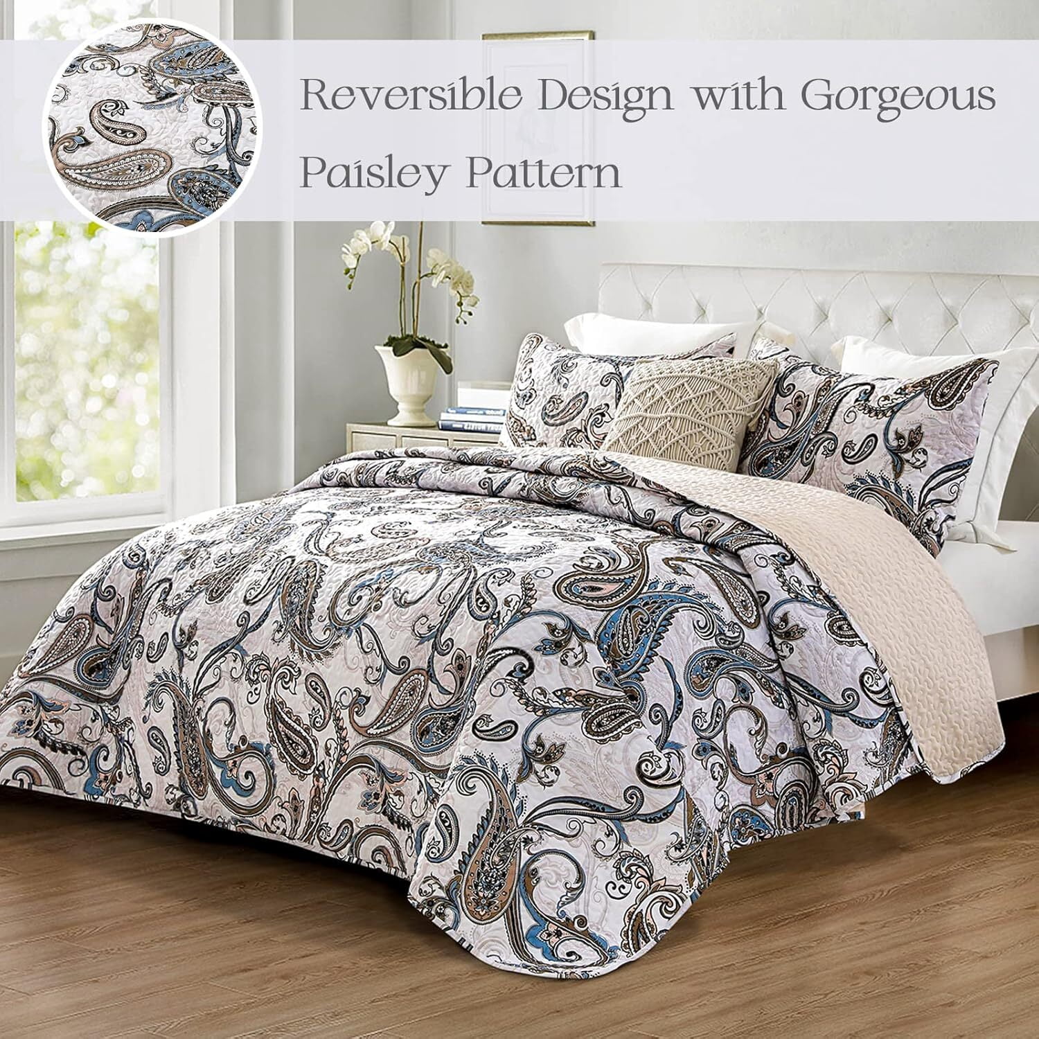 Whale Flotilla Reversible Paisley Quilt Set Queen Size, Lightweight Boho Printed Bedspreads Coverlets Quilts Bedding Set with 2 Pillow Shams for All Seasons, Bone/Grey