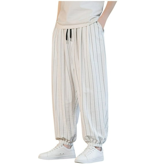hotojiny Mens Harem Pants Baggy Stripes Cinch Bottom Summer Beach Pants Casual Drawstring Ankle Length Pants with Pockets