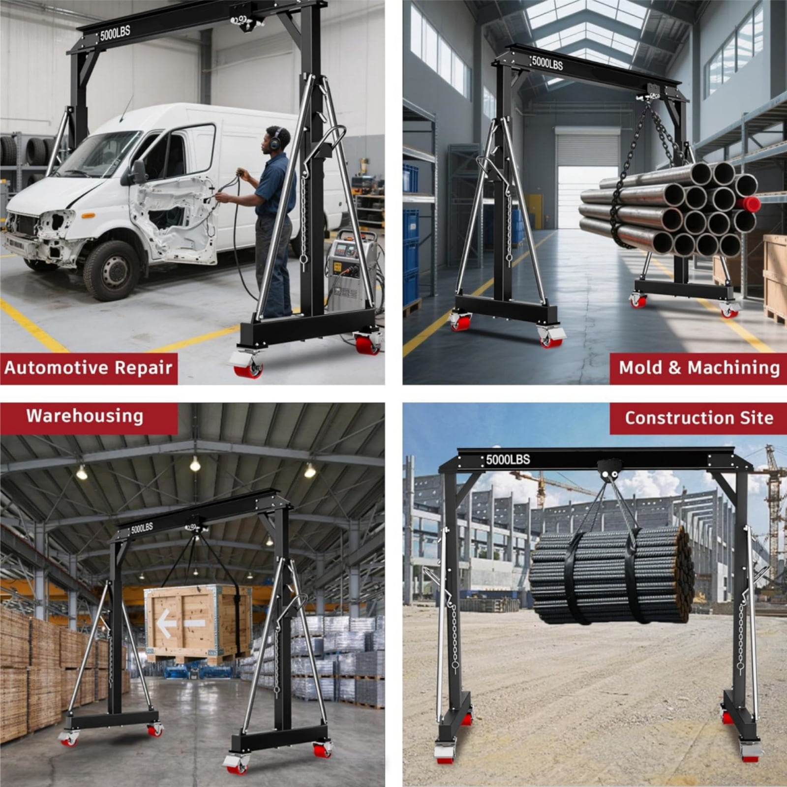 Gewna Adjustable Steel Gantry Crane, 2 Ton/ 5000 lb Capacity, 8.2-12.5ft, Portable Lift Hoist on Wheels with Manual Trolley，Black