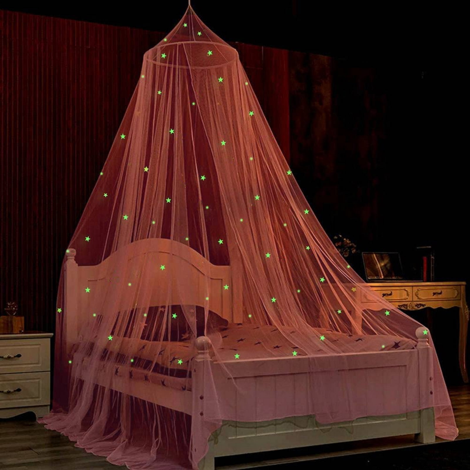 Opvise 1 Set Dome Bed Canopy Foldable Glow-in-the-dark Polyester Stars Princess Canopy Bed Room Decor Household Supplies