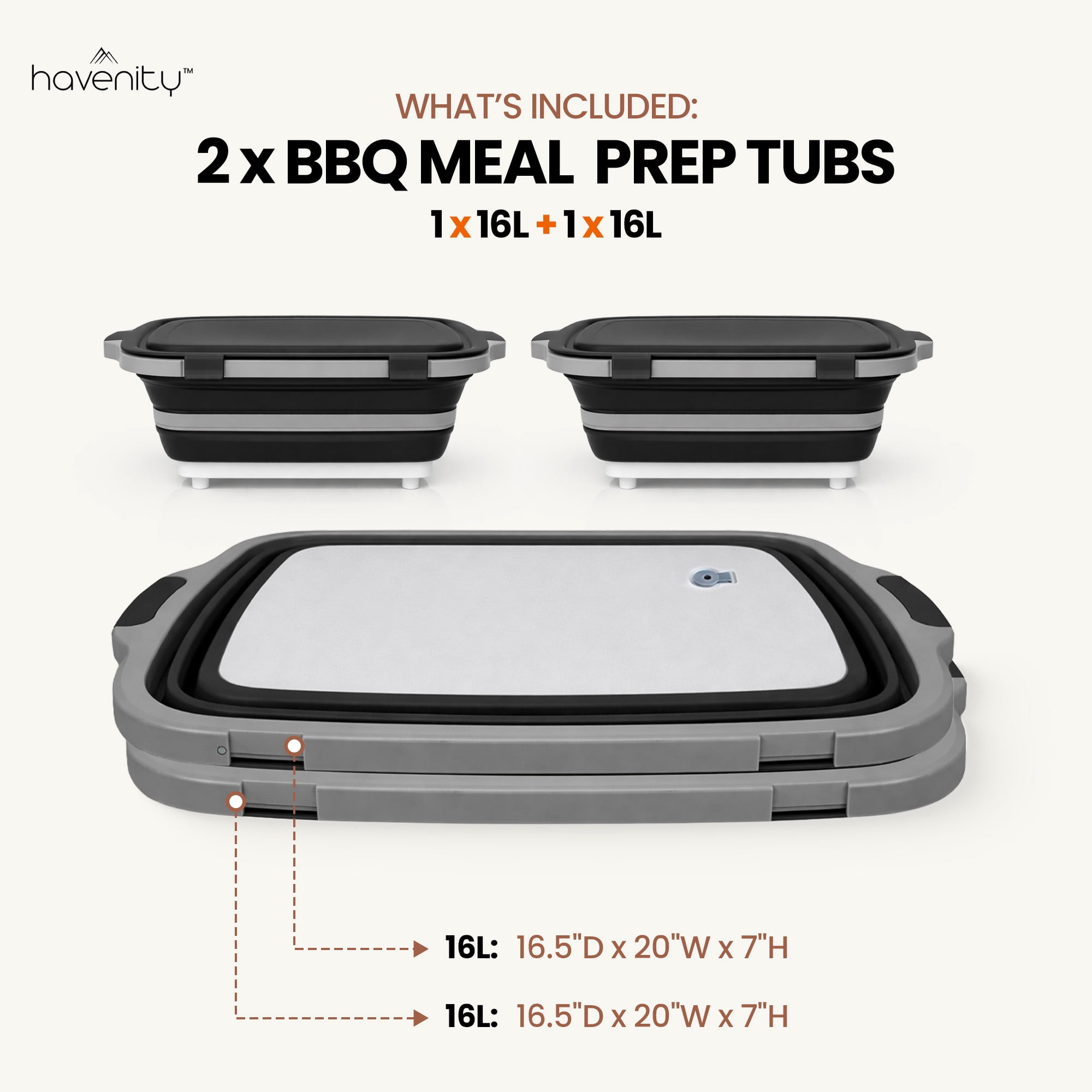 Havenity Bbq Prep Tub 2 Pack Black (16l+16l) - Multifunctional Collapsible Camping Cutting Board with Lid